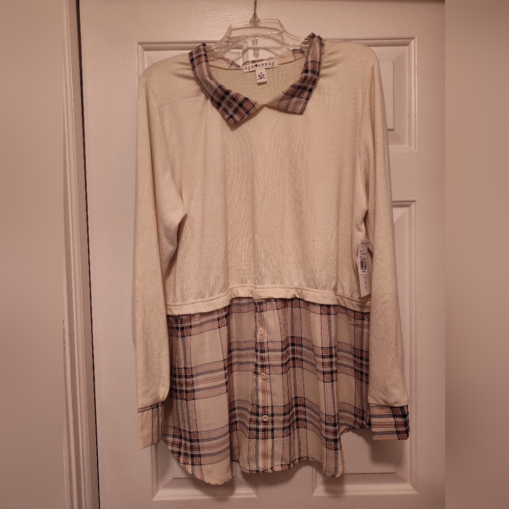 Eye Candy Cream and Plaid Long Sleeve Blouse